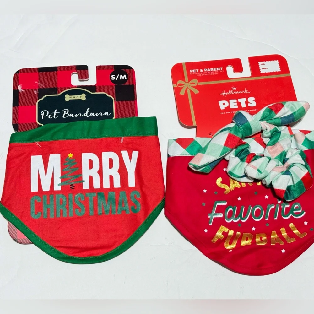 Woof and hallmark 2 dog toys -Christmas tree and mailbox. 2 Xmas bandanas